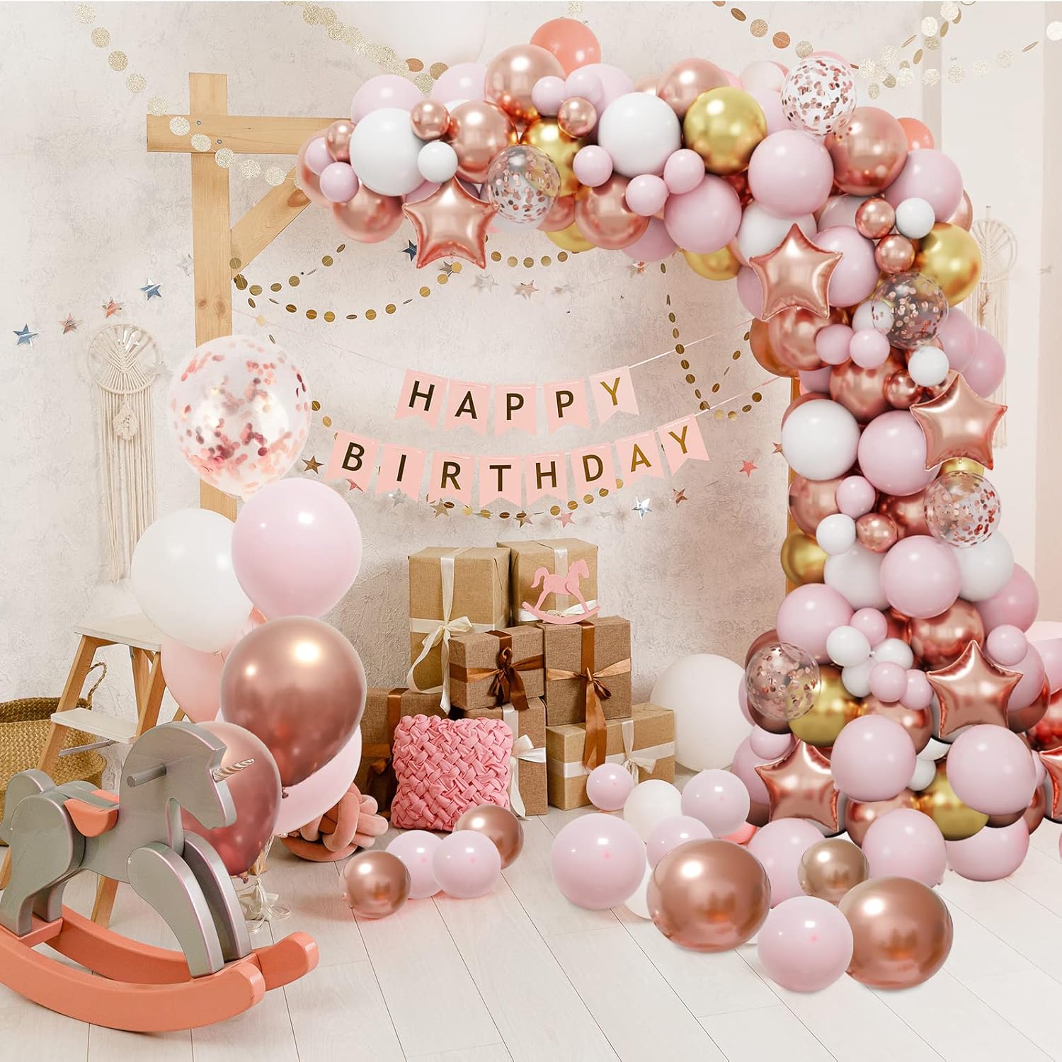 RUBFAC Rose Gold Balloon Garland Arch Kit - 140pcs Light Pink, Gold & White Balloons for Celebrations