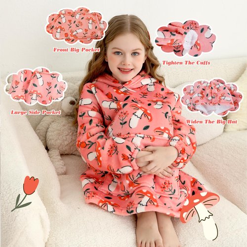 lasoftan Kids Wearable Blanket, Toddler Sherpa Sweatershirt Hoodie with Front Pocket, Comfy Warm Hugs, 2-6 Years Boys Girls Birthday Christmas Gifts (Pink Mushroom & Flower, 2-6 Years)