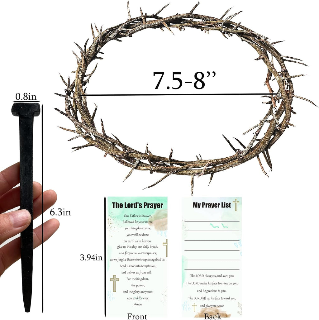 Skiennix Crown of Thorns Set - 5 Pcs with 8'' Jesus Thorn Crown & 3 Crucifix Nails | Easter Christian Decor