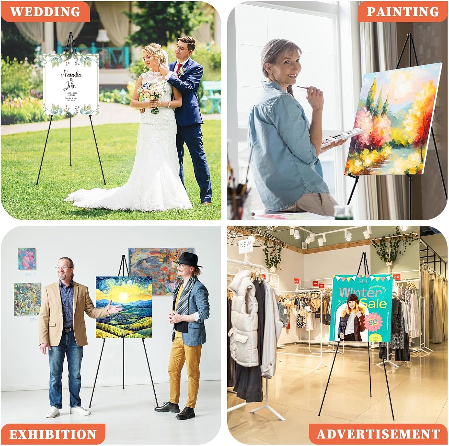Skiennix Portable Easel Stand - Lightweight Adjustable Tripod for Wedding Signs | 63" Black Metal (2 Pack)