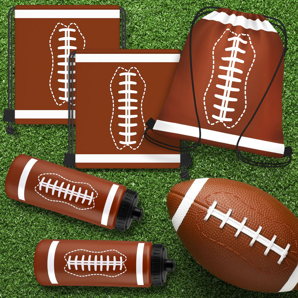 Denylo pro 24 Sets Football Water Bottle with Football Drawstring Bag Set Plastic Brown Water Bottles for Rugby Player Sport Gym Party Favor