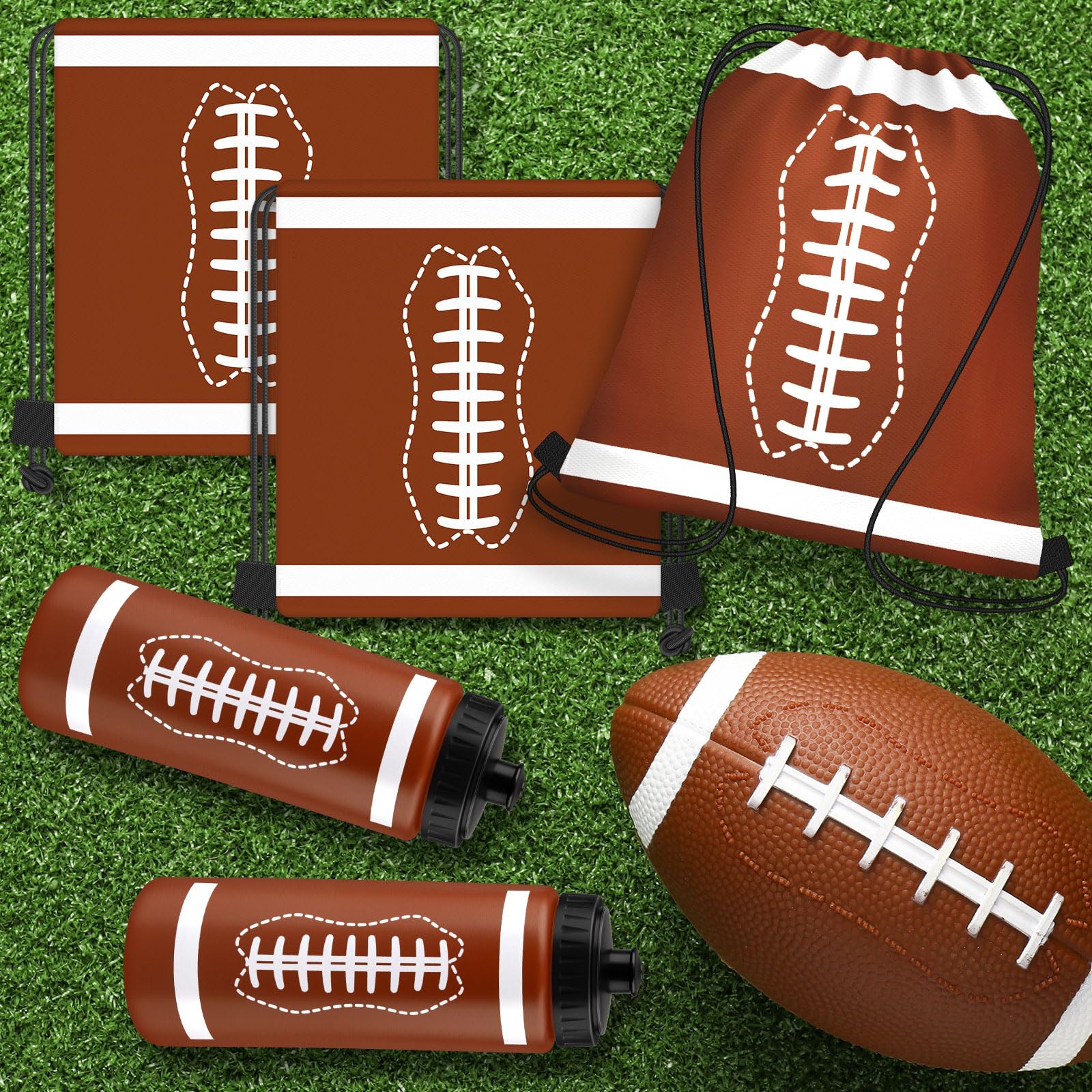 Denylo pro 24 Sets Football Water Bottle with Football Drawstring Bag Set Plastic Brown Water Bottles for Rugby Player Sport Gym Party Favor