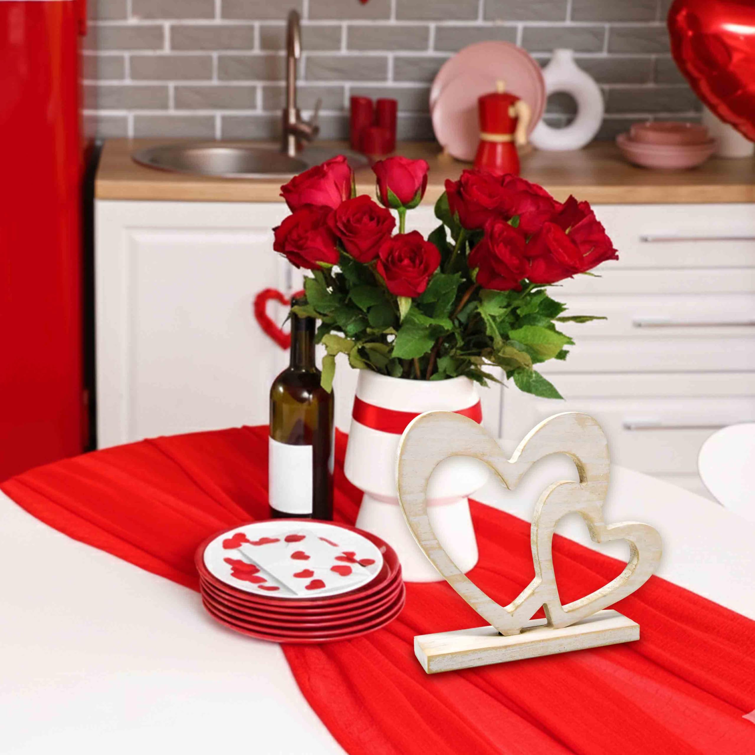 Rustic Wooden Double Heart Tabletop Decor – Interlocking Hearts Wedding Centerpiece, Engagement, Bridal Shower & Anniversary Party Decoration Gift