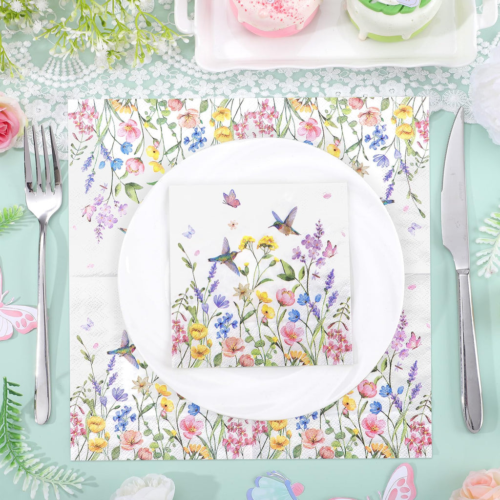 NatNarr 100 Pcs Wildflower Napkins, 2-Ply Floral Cocktail Napkins Spring Decoupage Napkin Butterfly Hummingbird Flower Dessert Beverage Napkin for Mothers Day, Baby Shower, Tea Party