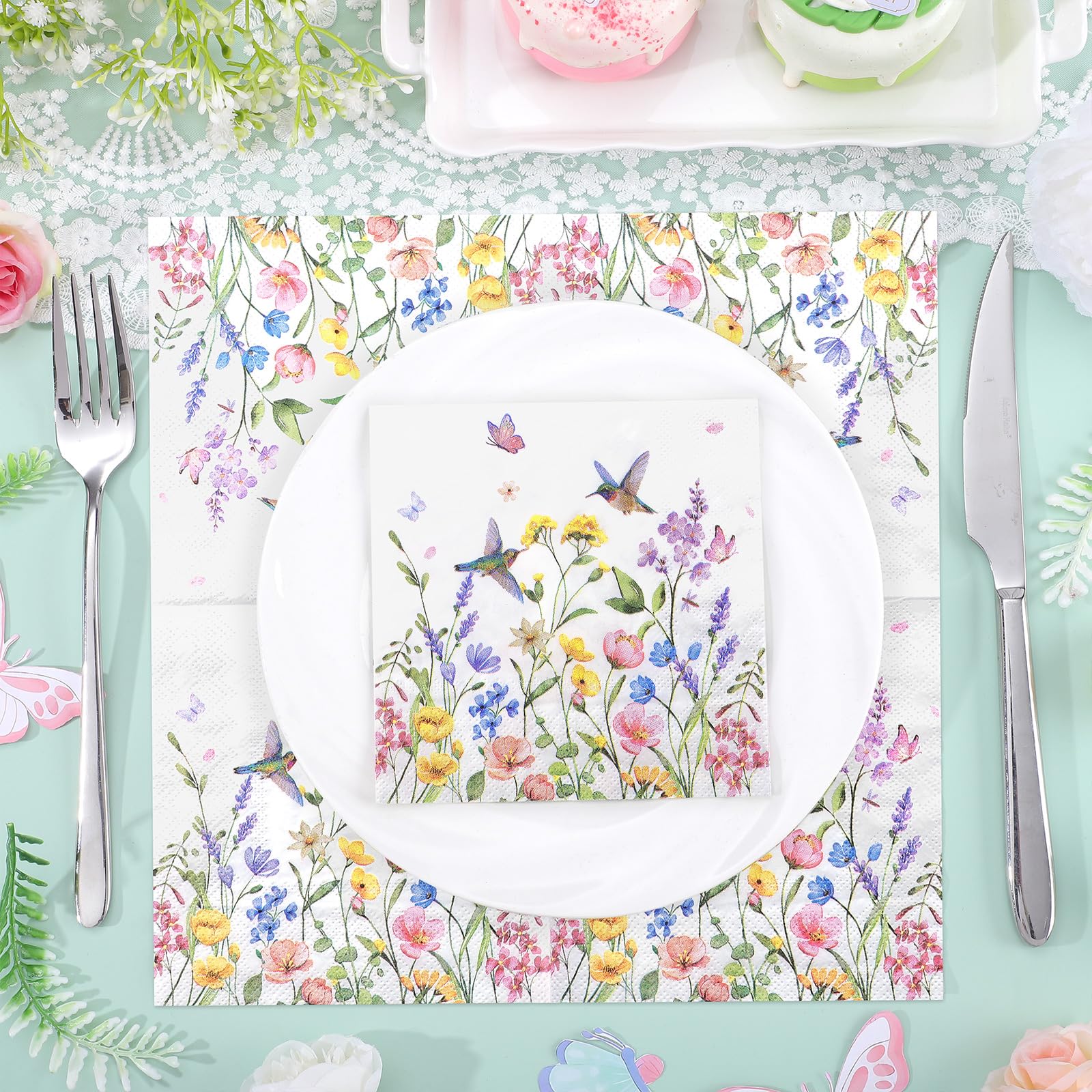 NatNarr 100 Pcs Wildflower Napkins, 2-Ply Floral Cocktail Napkins Spring Decoupage Napkin Butterfly Hummingbird Flower Dessert Beverage Napkin for Mothers Day, Baby Shower, Tea Party