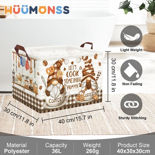 HUUMONSS Kitchen Decor Tools Kid Storage Basket Collapsible Clothes Baby Nursery Hamper Large Book Shelf Basket Boy Girl Toy Box Bin, Gnome Coffee, 36L