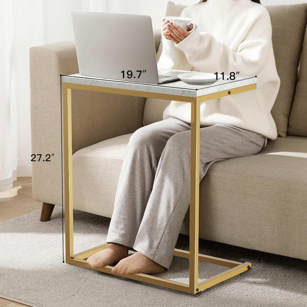Pipishell C Shaped End Table - Modern Marbling Wood Top, 27-Inch High - Perfect for Couch or Sofa