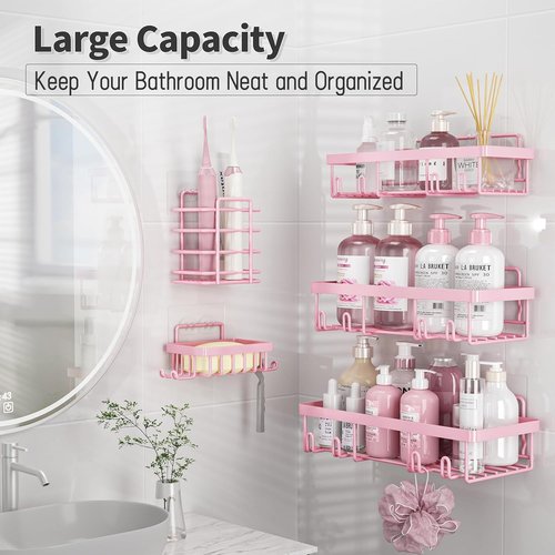 Liuoud Shower Caddy Organizer - Rustproof Stainless Steel Wall Storage Basket Set | 5 Pack in Pink