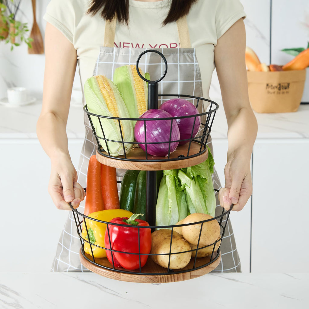 WILDMOS 2 Tier Fruit Bowl - Sturdy Iron Wire Fruit Basket with Real Wood Base, 12 Inch Large Fruit Basket for Kitchen Counter, Anti-Slip Silicone Pads, 2 Tier Fruit and Vegetable Storage Solution