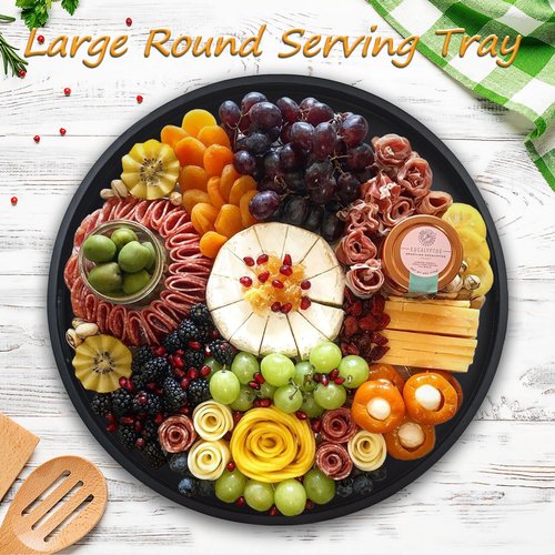 Large Round Black Tray, 20" Extra Large Black Ottoman Tray, Wood Serving Trays, Decorative Trays with Handles for Home Kitchen