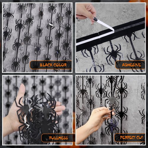 Menstarsi Halloween Party Decorations, 2 Pack Black Spider Tinsel Foil Fringe Curtains, Photo Booth Prop Streamers Backdrop for Halloween Theme Birthday Party Supplies Home Decor