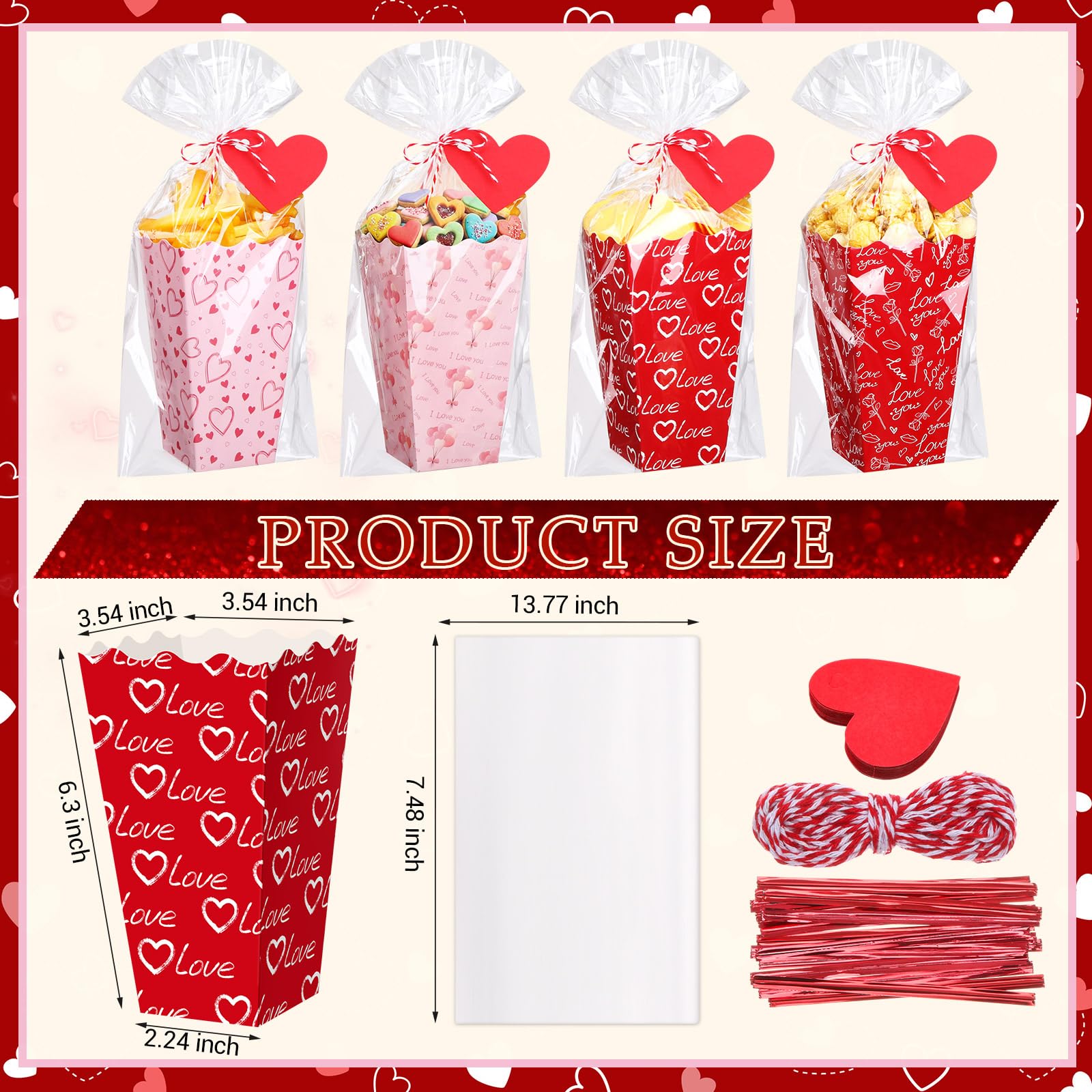 Gueevin 144 Pcs 48 Set Valentine's Day Popcorn Boxes Valentines Party Favor, Valentines Popcorn Boxes Red Pink Heart Cookie Gift Bucket with Bags, Ribbon and Card for Valentine Galentine Home Movie