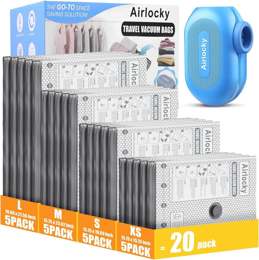 Travel Vacuum Storage Bags - 20 Pack Compression Bags with Portable Electric Pump | 80% Space Saver for Luggage