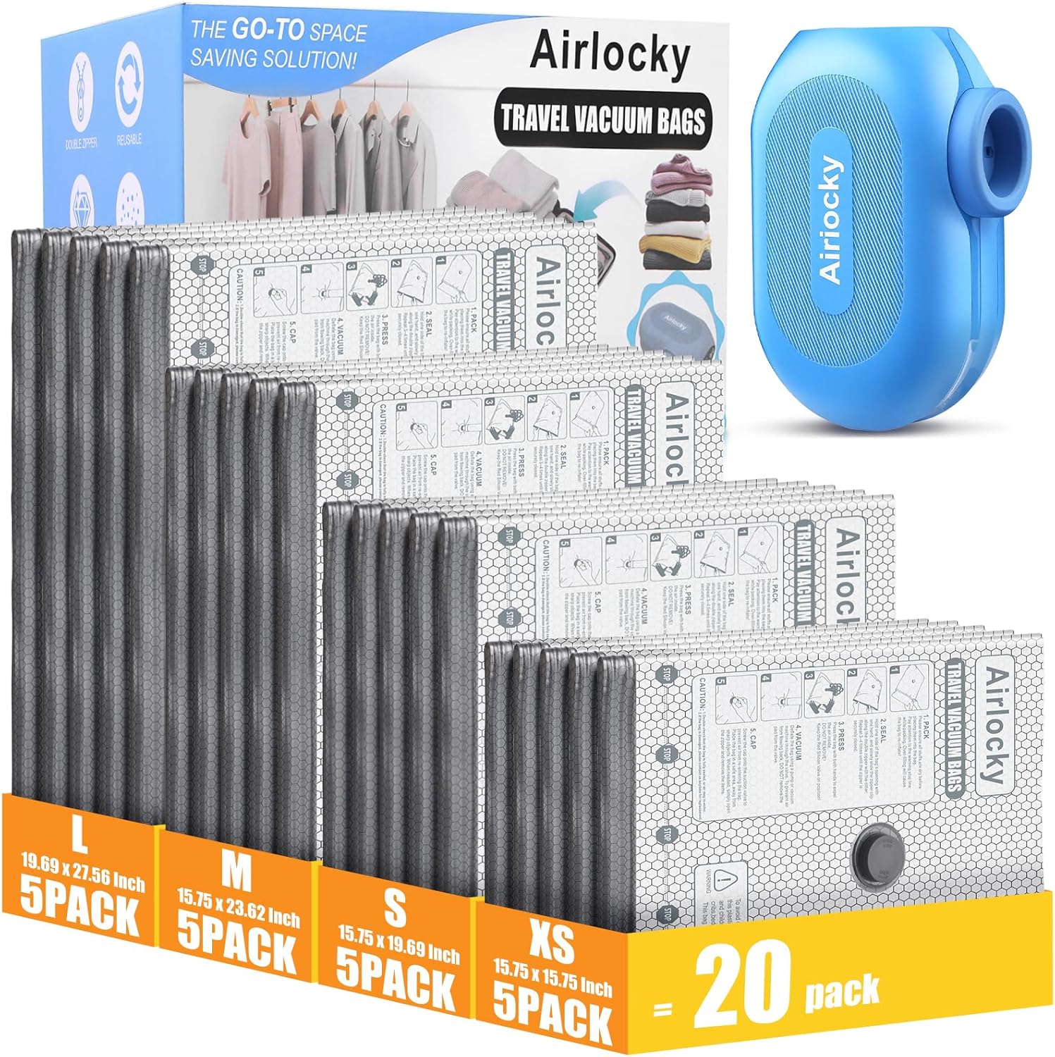 Travel Vacuum Storage Bags - 20 Pack Compression Bags with Portable Electric Pump | 80% Space Saver for Luggage