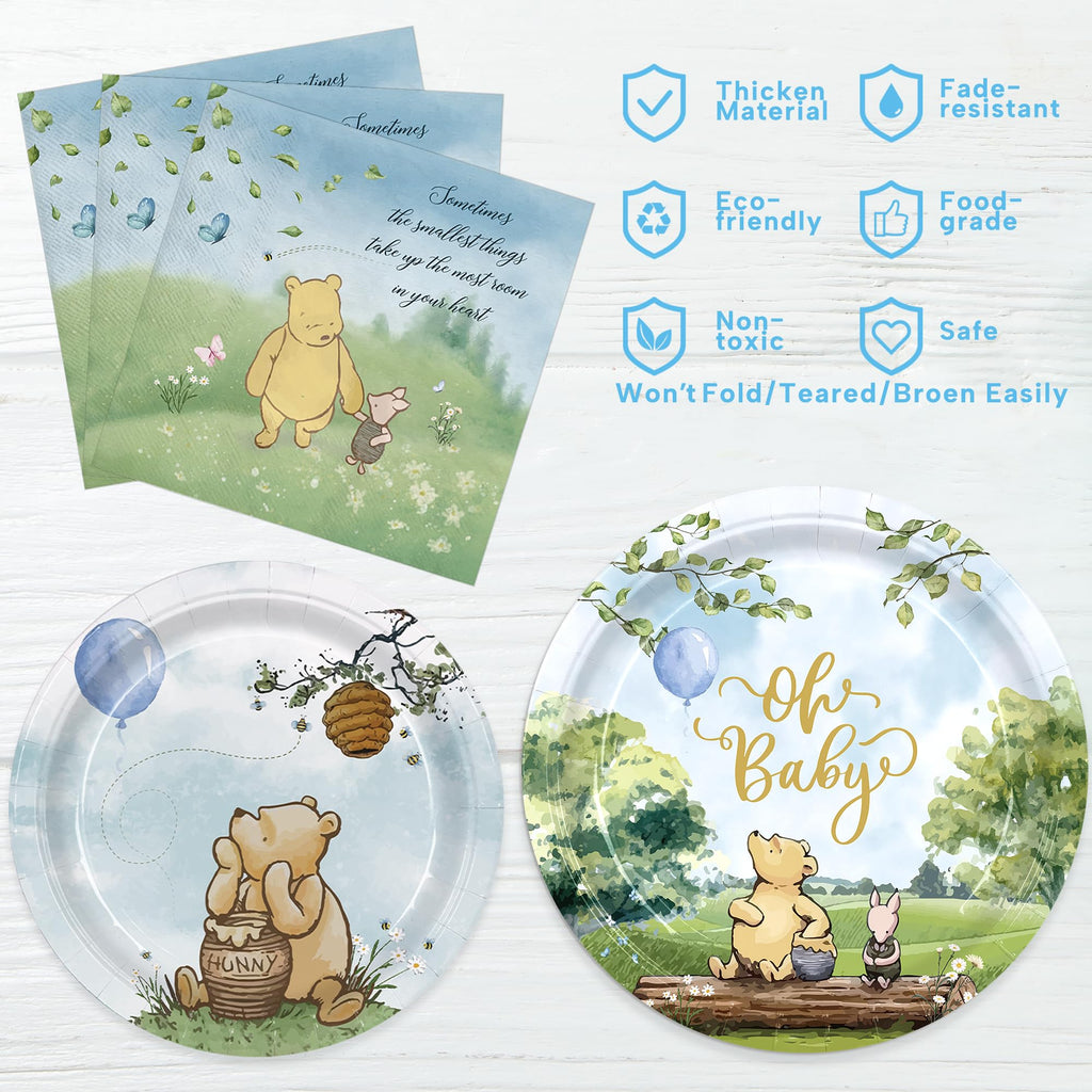 150pcs Bear Baby Shower Decorations Include Plates Napkins for Baby Shower Deco Paper Disposable Tableware Set for Kids Boys Serves 50 People