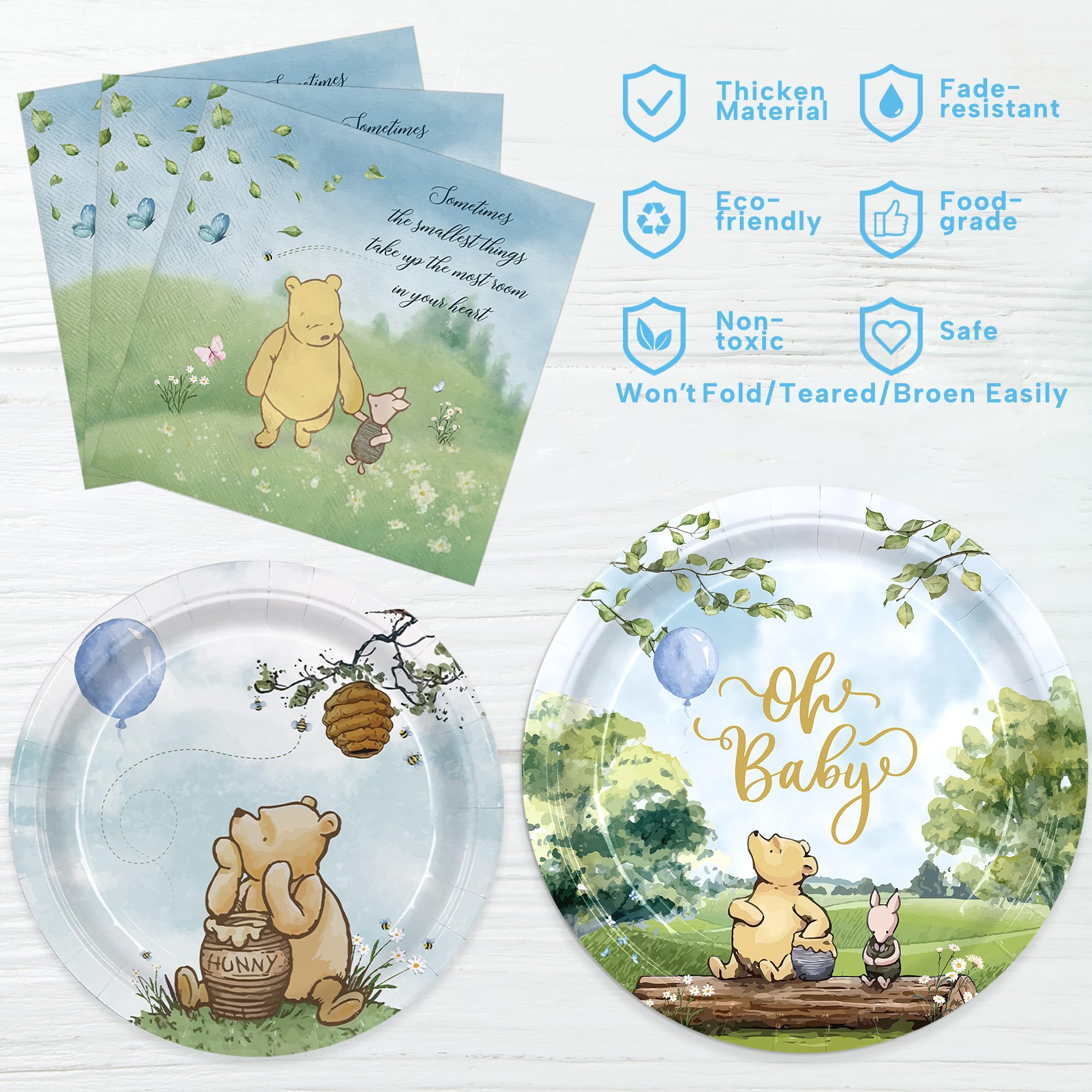 150pcs Bear Baby Shower Decorations Include Plates Napkins for Baby Shower Deco Paper Disposable Tableware Set for Kids Boys Serves 50 People