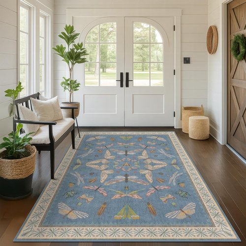 Blue Washable Kids Playroom Rug - Super Soft 5x7 Area Rug with Cute Animal Print for Nursery & Toddler Room