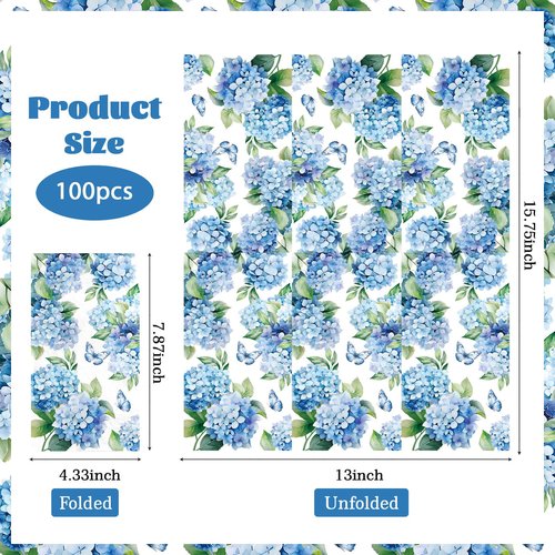 100Pcs Hydrangea Paper Napkins 3 Ply Watercolor Blue and White Floral Butterfly Disposable Absorbent Hand Towel Spring Pretty Flower Guest Dinner Napkin for Bridal Shower Bathroom Tea Party Supplies