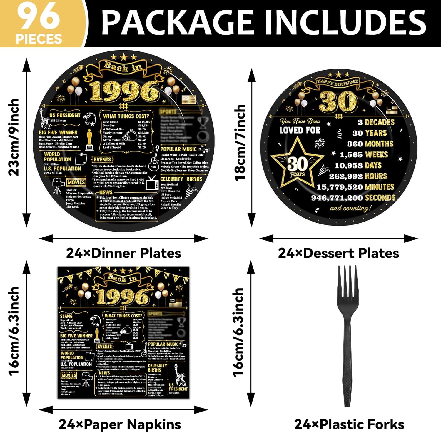Regine Switzerland 30th Birthday Plates & Napkins - Black & Gold Party Decor for 24 Guests | 1996 Theme