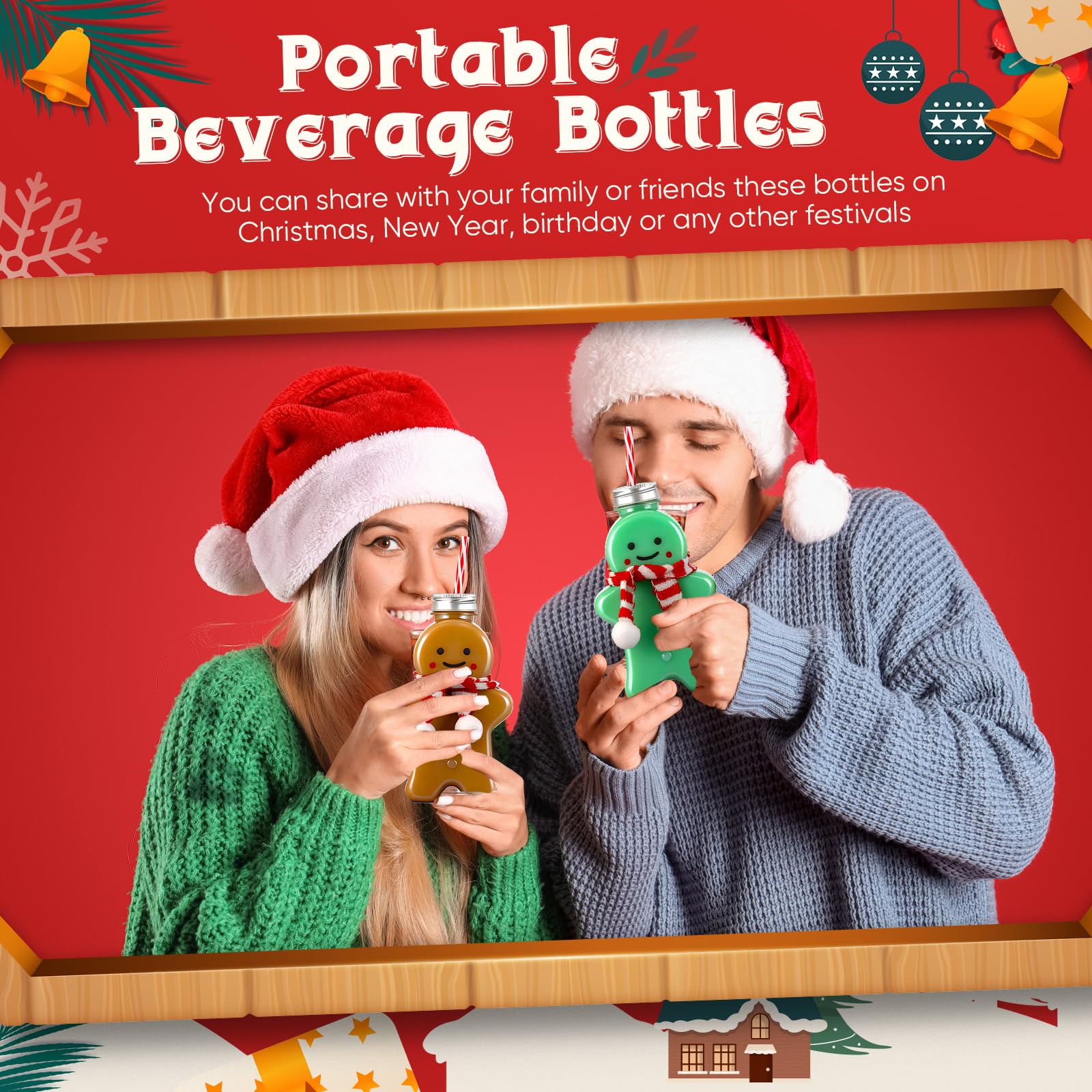 Baderke Christmas Plastic Bottles with Straws Set Including Reusable Drink Empty Bottles Straws and Caps for Christmas Party Milk Juicing Drinking
