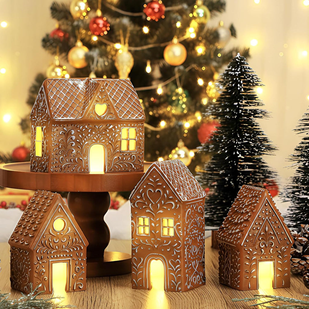 Thyle Christmas Gingerbread House Decoration Set - 4 Pcs LED Resin Village Figurines for Holiday Decor