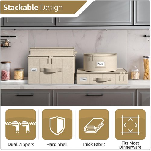 Sorbus China Storage Containers 6-Piece Set - Hard Shell Dinnerware Organizer for Plates, Glasses, Mugs & Saucers (Holds Service for 12) with Felt Protectors for Moving & Storage