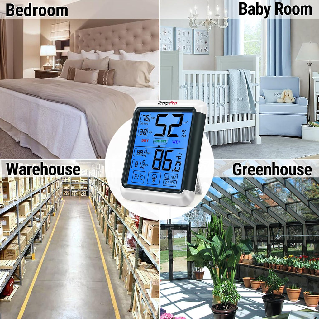 TempPro TP55 Digital Indoor Hygrometer - 4-Inch Touchscreen Temperature & Humidity Monitor for Home & Greenhouse