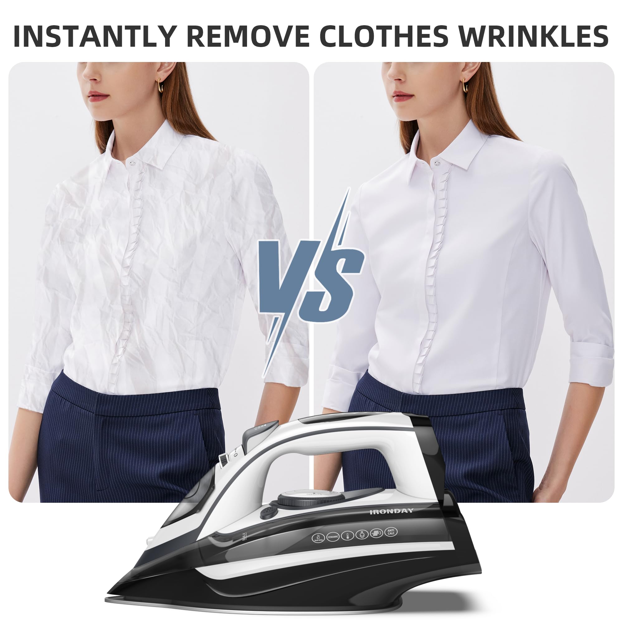 IRONDAY Steam Iron for Clothes 20s Fast Heat-up,1700W Iron with 14.07oz Large Water Tank,Non-Stick Ceramic Soleplate, Anti-Drip, Auto-Off, Burst Steam, Self-Cleaning, Ironing Clothes for Home, Grey