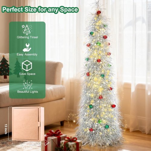BrilliantJo 6ft Artificial Christmas Tree - Lighted & Ornamented | Collapsible Silver Tinsel Design
