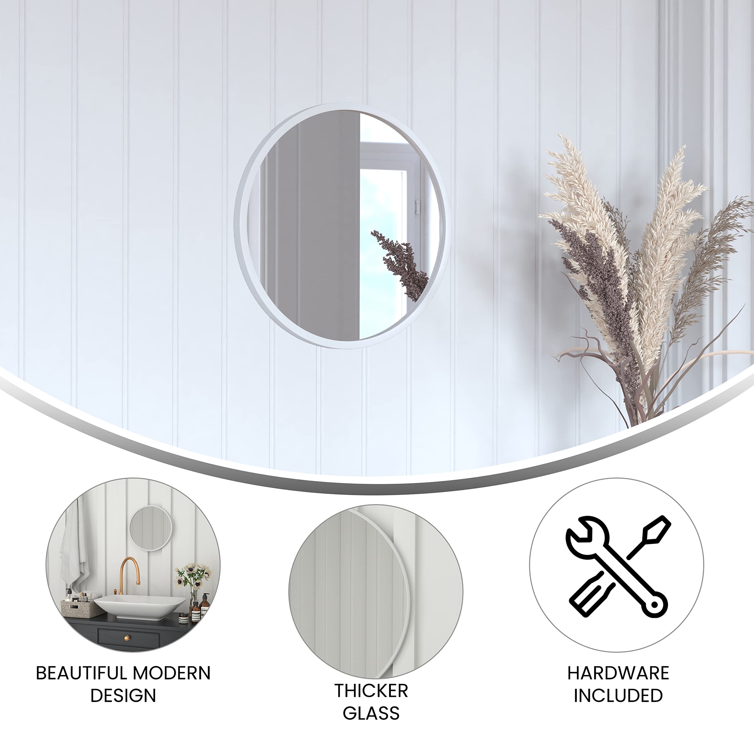 Flash Furniture Julianne Large Round Wall Mirror - Silver Circle Accent Mirror - 16" Vanity Mirror - for Bathroom, Vanity, Entryway, Dining Room, & Living Room