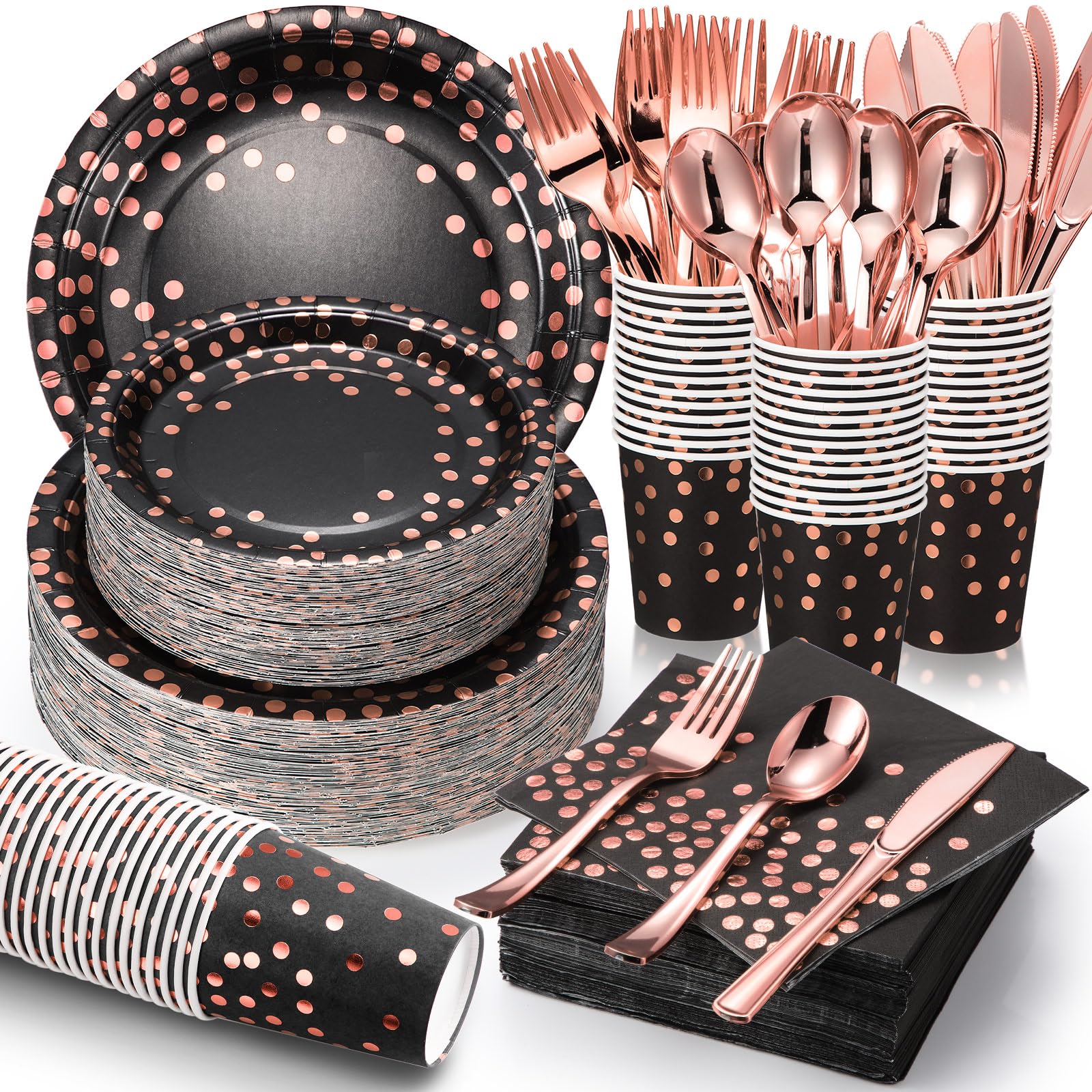 700 pcs Black and Rose Gold Party Supplies for 100 Guests Disposable Dinnerware Kits Black Rose Gold Paper Plates Napkins Cups Rose Gold Plastic Forks Knives Spoons for Birthday Wedding Party