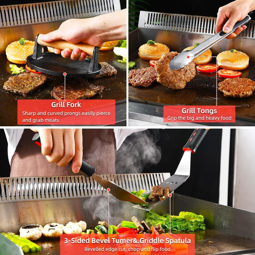 VIKEYHOME Griddle Accessories Kit - 28 Pcs Flat Top Grill Set with Spatula, Tongs & Egg Ring