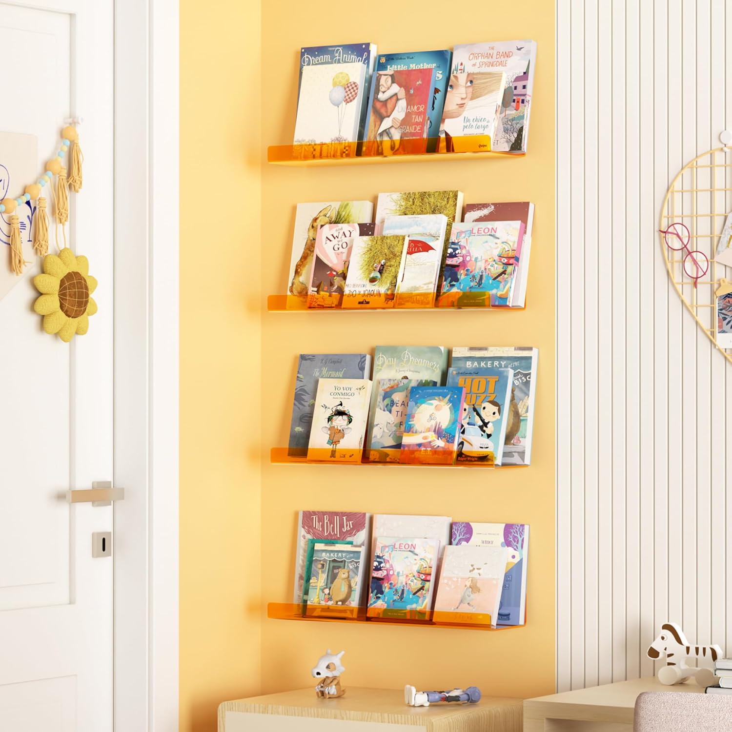Upsimples Acrylic Wall Shelves - 15" Floating Display Shelf Set for Perfume & Books | Clear Orange, 4 Pack