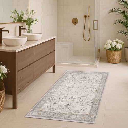 Boho Bathroom Rug by Light Grey - Large 3x5 Washable, Non-Slip Floral Design for Entryway & Bedroom
