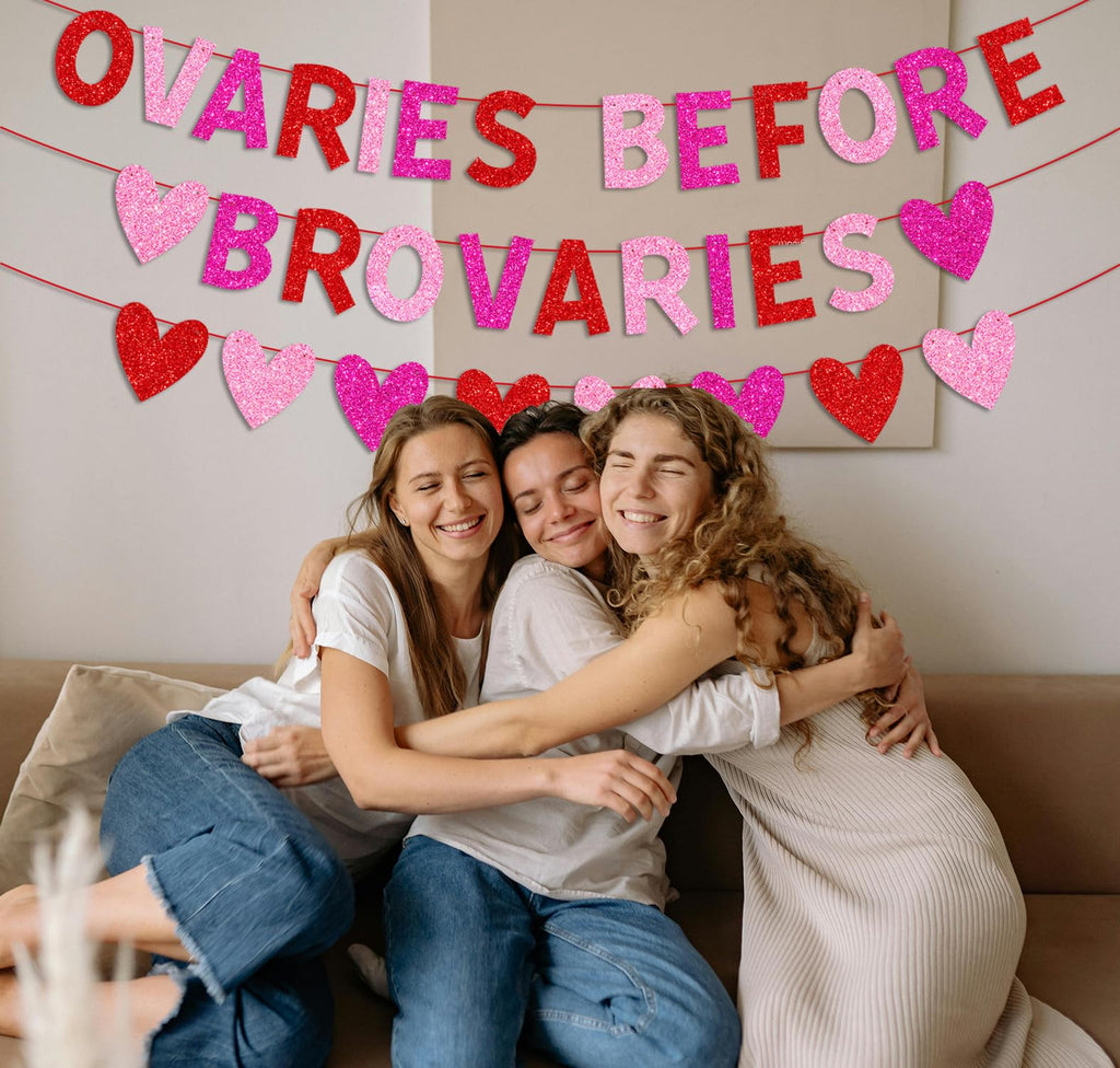 YEIRFYY Glitter Ovaries Before Brovaries Banner with Red Pink Rose Red Hearts Happy Galentine’s Day Banner for Fireplace Wall Girl Lady Galentines Day Valentines Day Party Decorations