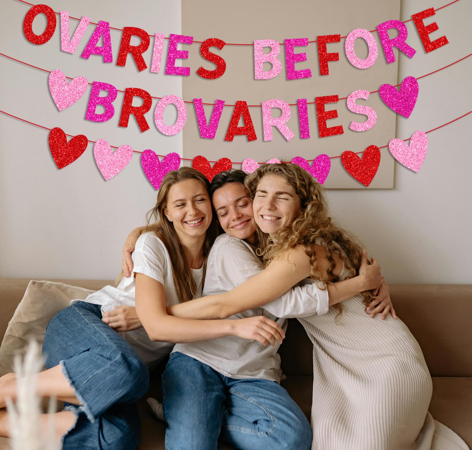 YEIRFYY Glitter Ovaries Before Brovaries Banner with Red Pink Rose Red Hearts Happy Galentine’s Day Banner for Fireplace Wall Girl Lady Galentines Day Valentines Day Party Decorations