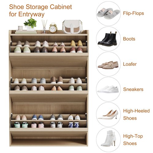 GarveeHome Shoe Cabinet with 3 Flip Drawers, Wooden Shoe Organizer Cabinet with Adjustable Shelf, Shoe Storage for Entryway, Hidden Shoe Cabinet for Hallway, Living Room, Natural Oak