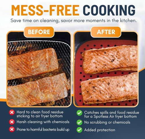 Linda’s Essentials Reusable Square Silicone Air Fryer Liners - Non-Stick, Easy-Clean 8.5 Inch (3 Pack) with Cheat Sheet & Recipe Book
