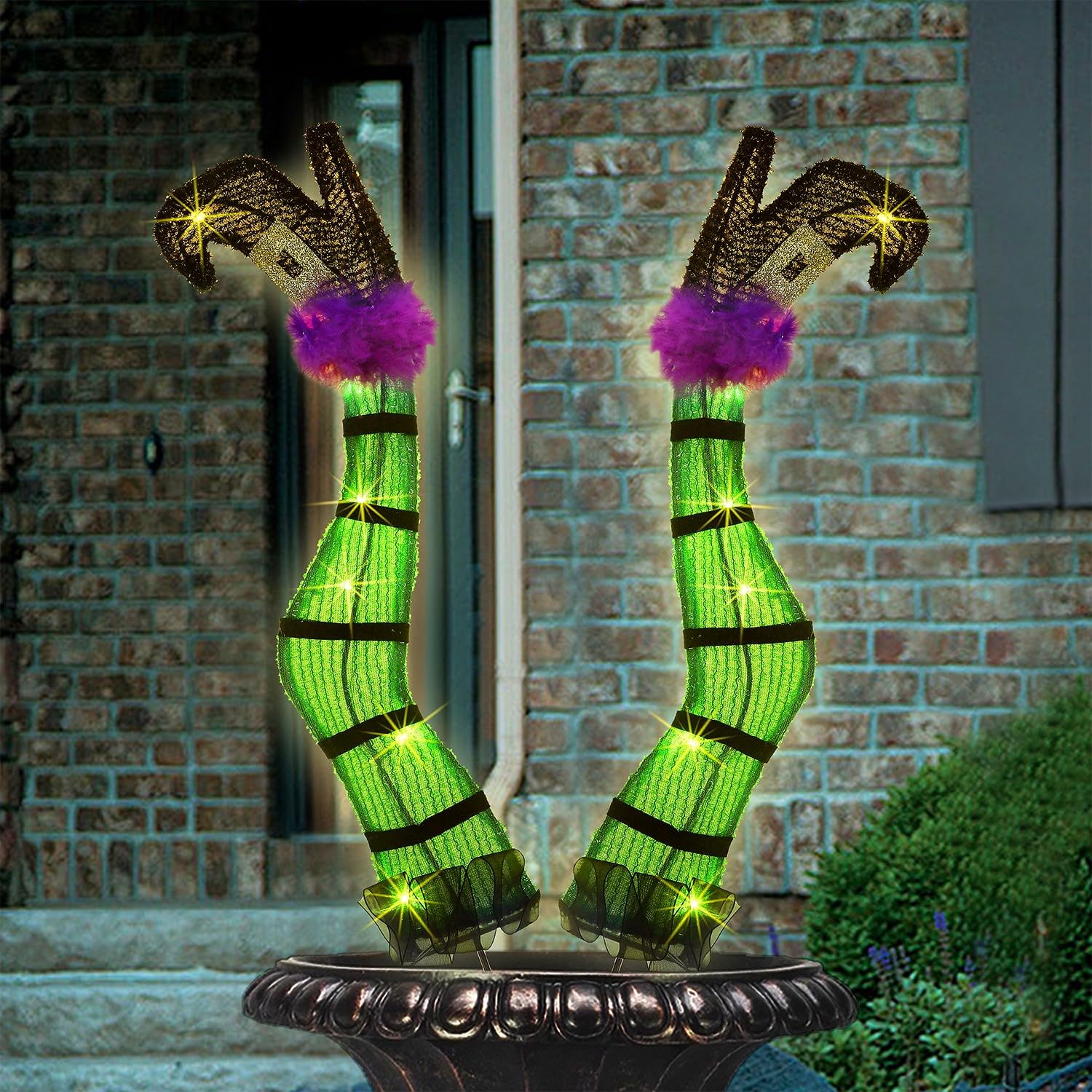 Juegoal Set of 2 Halloween Lighted Wicked Witch Legs with Stakes, 22" Light Up Tinsel Witch Prop, Halloween Yard Signs Timer & 8 Modes, Battery Operated for Outdoor Party Haunted House Garden Decor