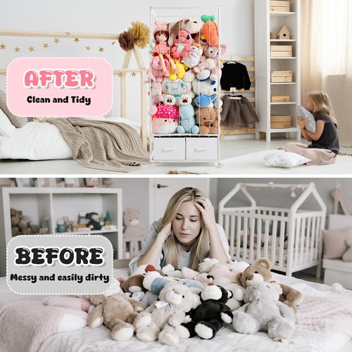 Stuffed Animal Storage Organizer, Jumbo Metal Stuffed Animal Zoo with 2 Drawers and Lockable Casters, 54"x24"x16.5" Extra Large Stuffed Animal Storage Holder Organizers for Playroom Bedroom Nursery