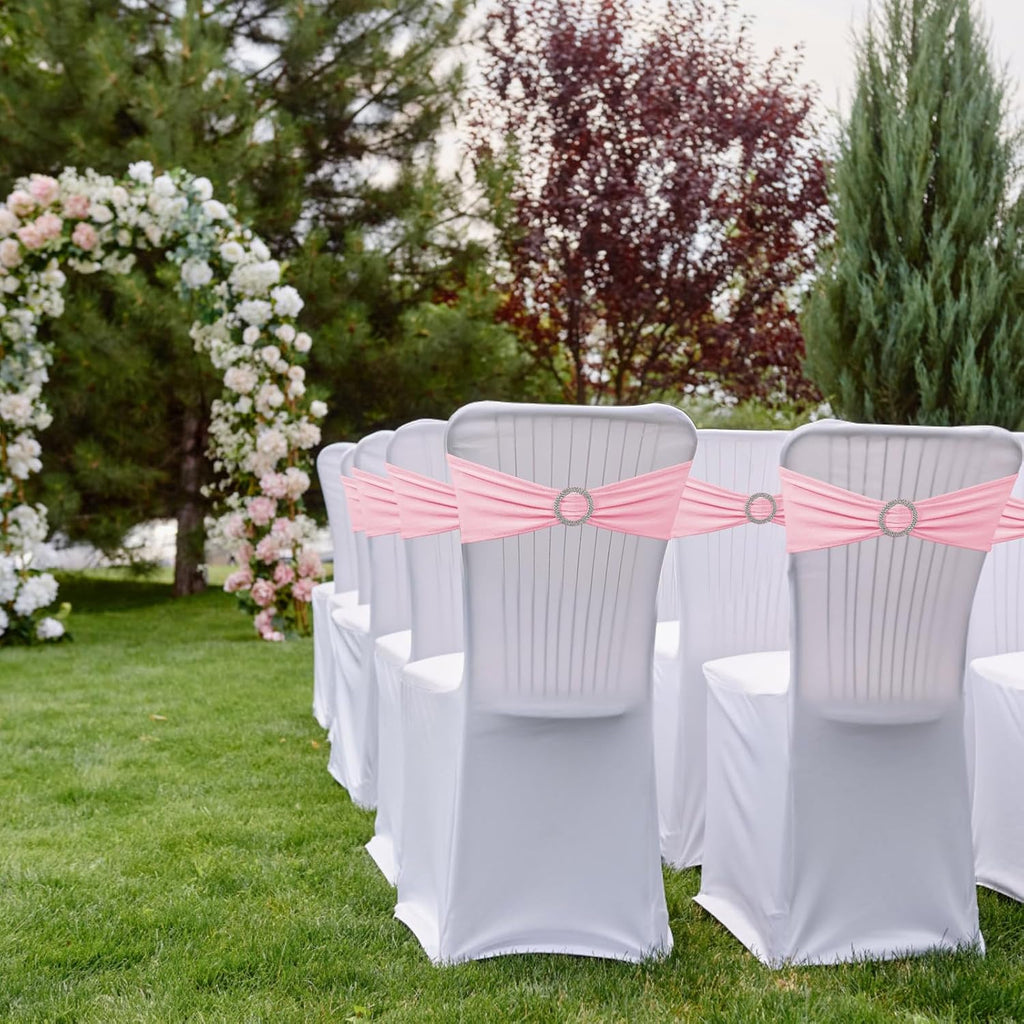 Skiennix 150-Pack Spandex Stretch Chair Sashes - Elastic Covers with Buckle Slider for Weddings & Events | Pink