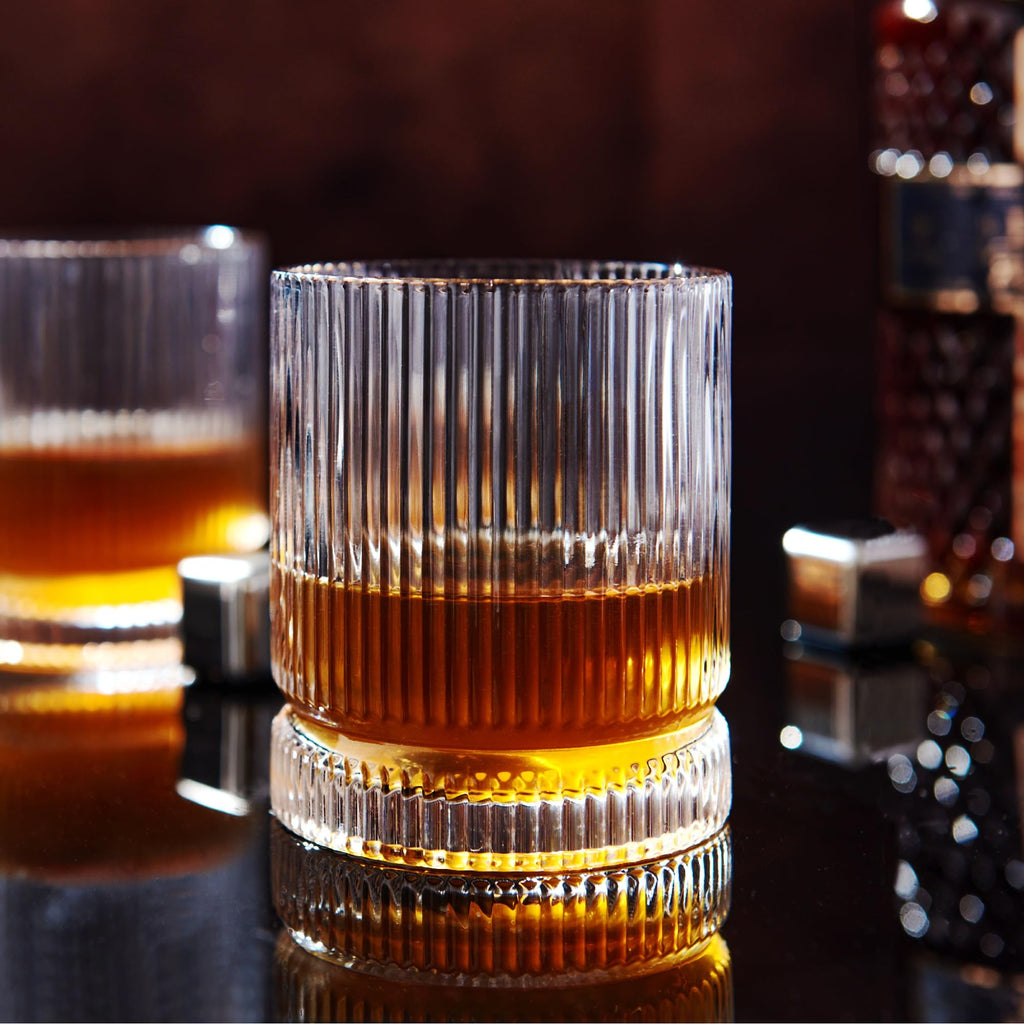 VUNDO Ribbed Whiskey Glasses Set of 8, 12 Oz Lead-Free Crystal Heavy Base Barware Glass, Perfect for Bourbon Rocks Cocktail Scotch Drinking