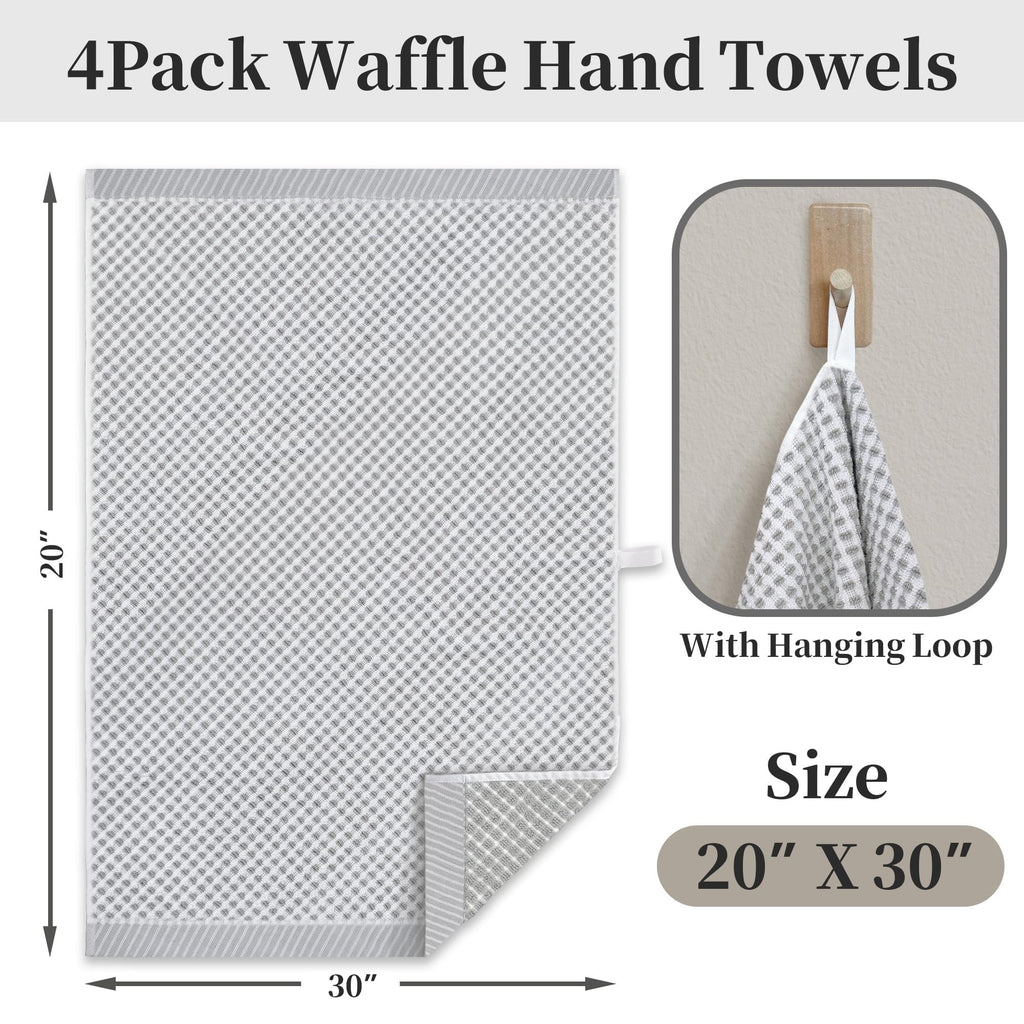 VOOVA & MOVAS 100% Cotton Waffle Large Hand Towels 4PC – Luxury Hand Towels with Hanging Loop 20"x30" | Soft | Absorb | Quick Dry | Lightweight, Durable Bathroom Essentials, White and Gray Waffle