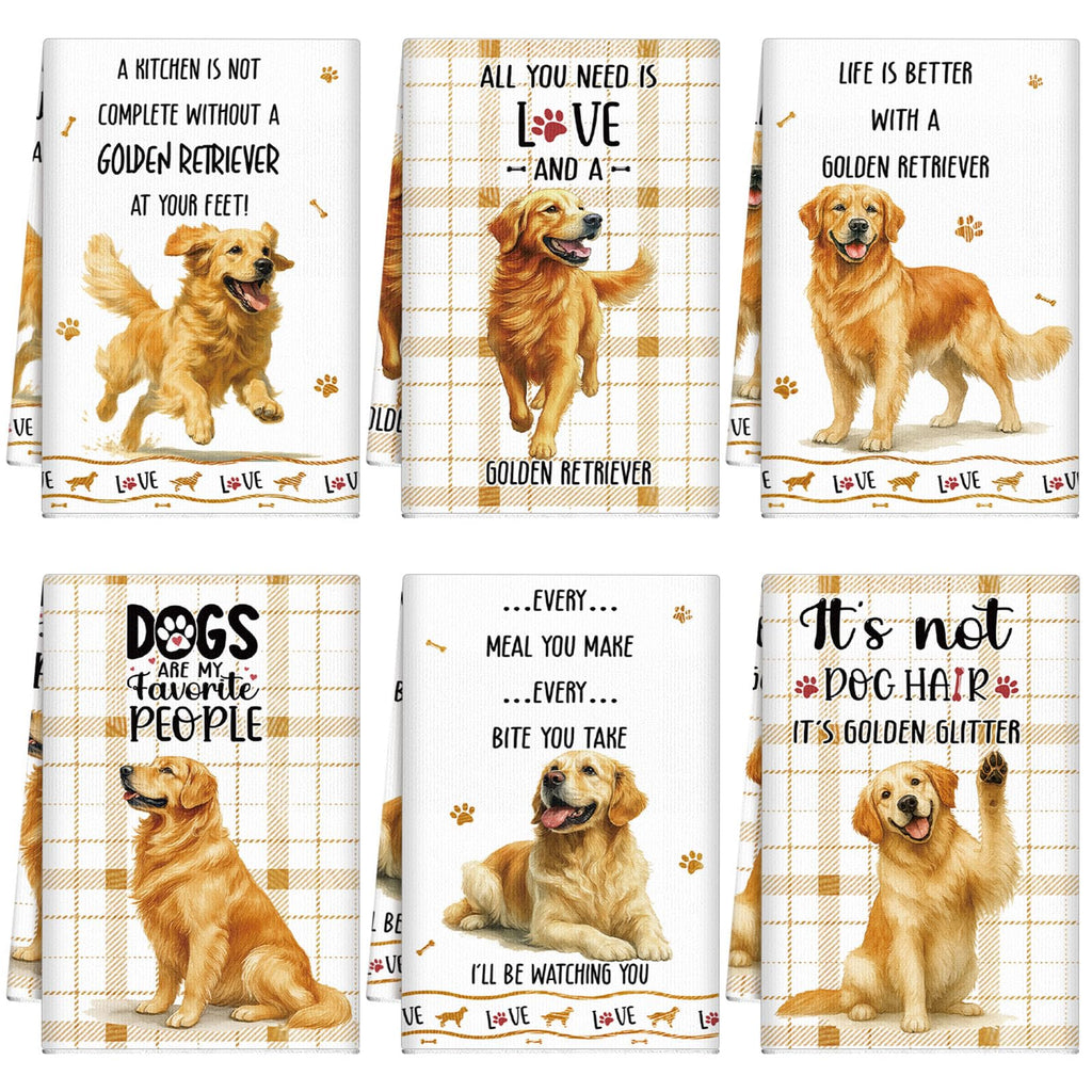 Redbaker 6 Pcs Golden Retriever Kitchen Towels Funny Dish Towel Gifts for Golden Retriever Lovers Kitchen Hand Tea Dishcloth Dog Owner Decorative with Hanging Loop for Christmas Home Housewarming Gift