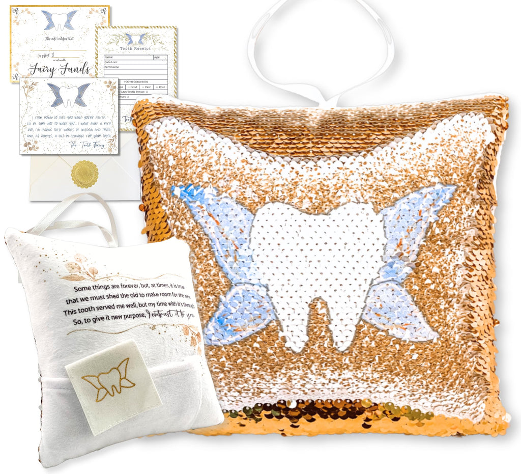 Tooth Fairy Pillow Kit for Girls and Boys - Tooth Fairy Evidence Kit with Tooth Fairy Bag - Multi Color Reversible Sequin and Large Pocket - Tooth Pillow with Tooth Fairy Bag