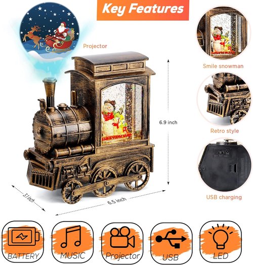 IPOW Christmas Snow Globe Lantern - Santa Sleigh Projection with Water Swirling Glitter | Musical & Lighted USB/Battery Operated Decor