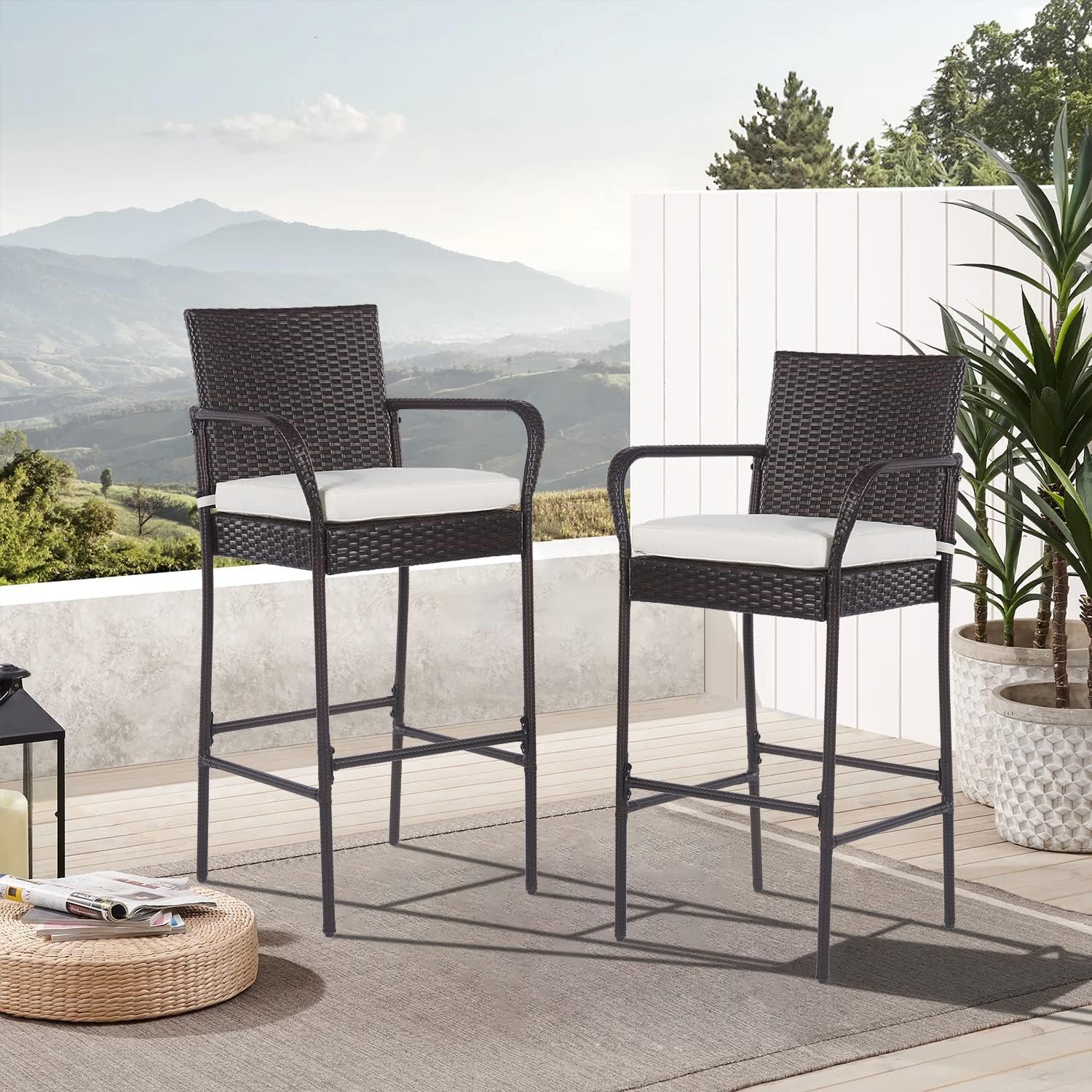 PayLessHere 30" Patio Bar Stools - Set of 2 All-Weather Wicker Chairs with Footrest & Khaki Cushions