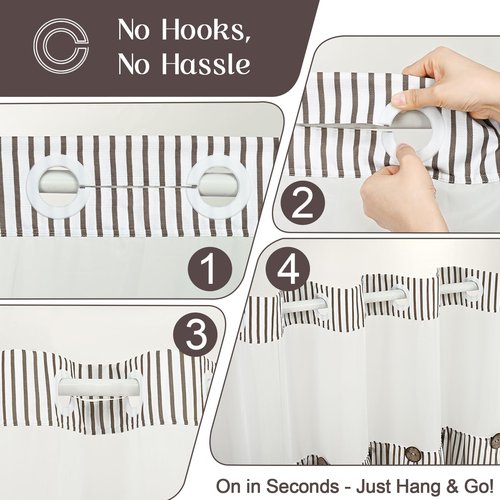 ASPMIZ Farmhouse Shower Curtain and Liner Set, No Hook Shower Curtain with Snap in Liner Fabric, Rustic Washable Waterproof Bathroom Curtains with Button, Mesh Top Window, Brown Striped, 71"x 74"