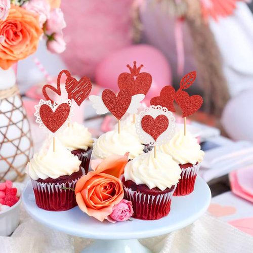 Ercadio Red Heart Cupcake Toppers - Glittery Valentine's Day Picks for Bridal Showers & Engagements | 24 Pack