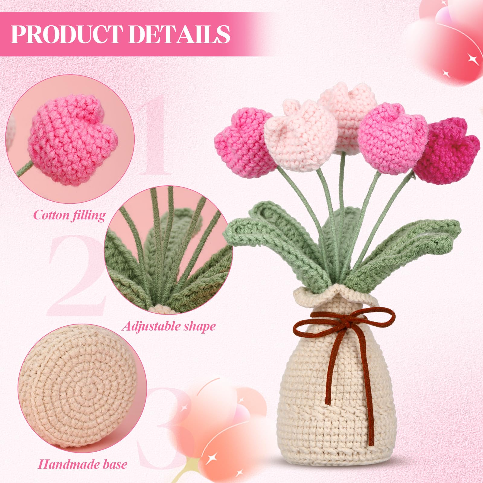 Marsui Crochet Knitting Tulip Bouquet with Vase 7" Knitted Artificial Forever Tulip Handmade Woven Flower with Exquisite Pot Gift for Valentine's Day Back to School Gift Family Home Desk Decor(Pink)